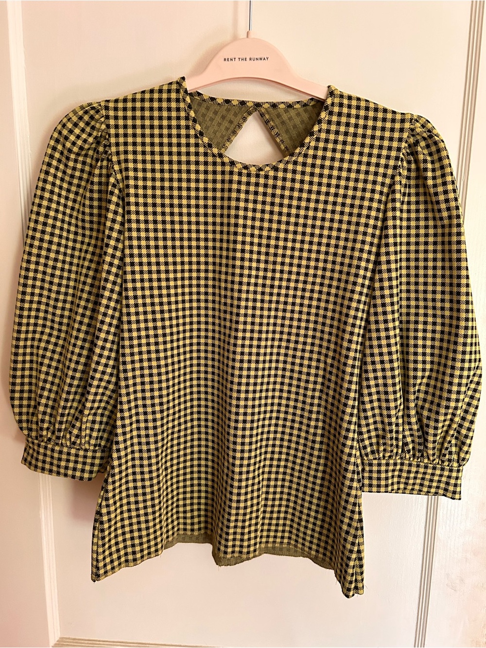 Lime Green and Black Gingham Puff-Sleeve Top